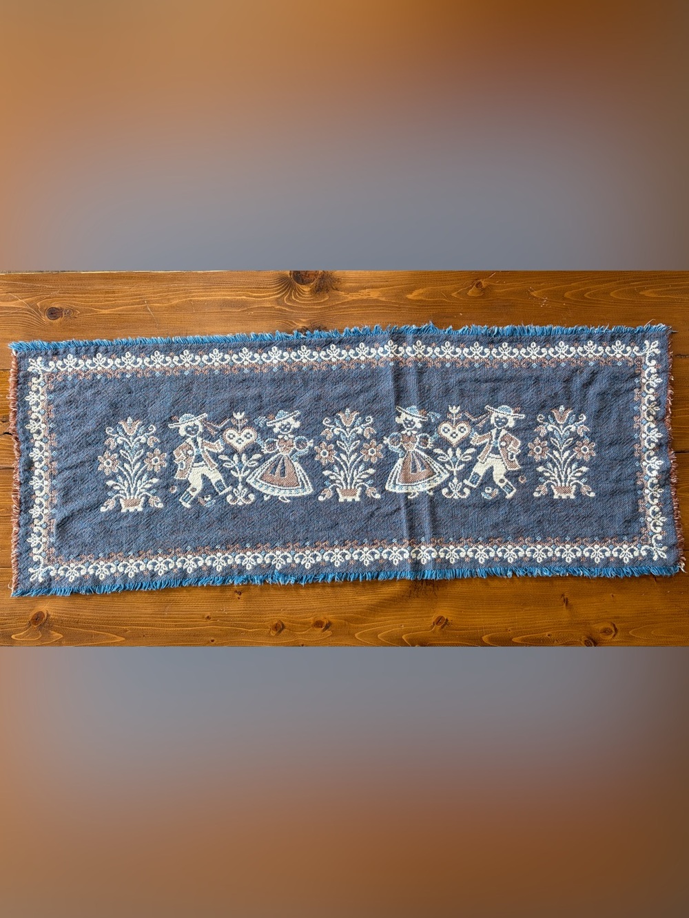 VTG Austrian Woven Folk Art Table Runner with Blue and Cream Motif 36” - Picture 2 of 5